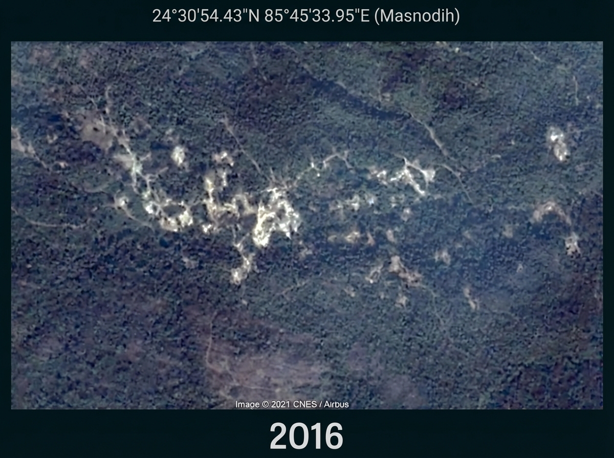 Satellitenaufnahme einer bewaldeten Landschaft mit hellen Flecken, Koordinaten oben, Jahr 2016